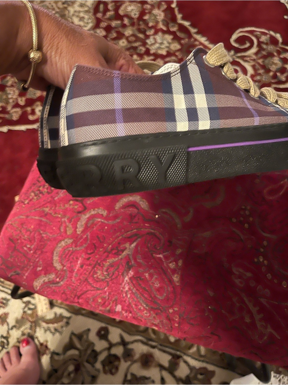 Burberry Plaid Low-Top Sneakers with Black Insole and Tan Accents - Picture 6 of 8